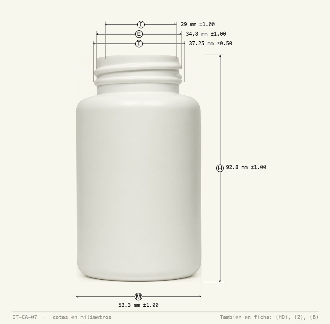 Dimensioned drawing of HDPE Packer Bottle 150 mL 16.5g