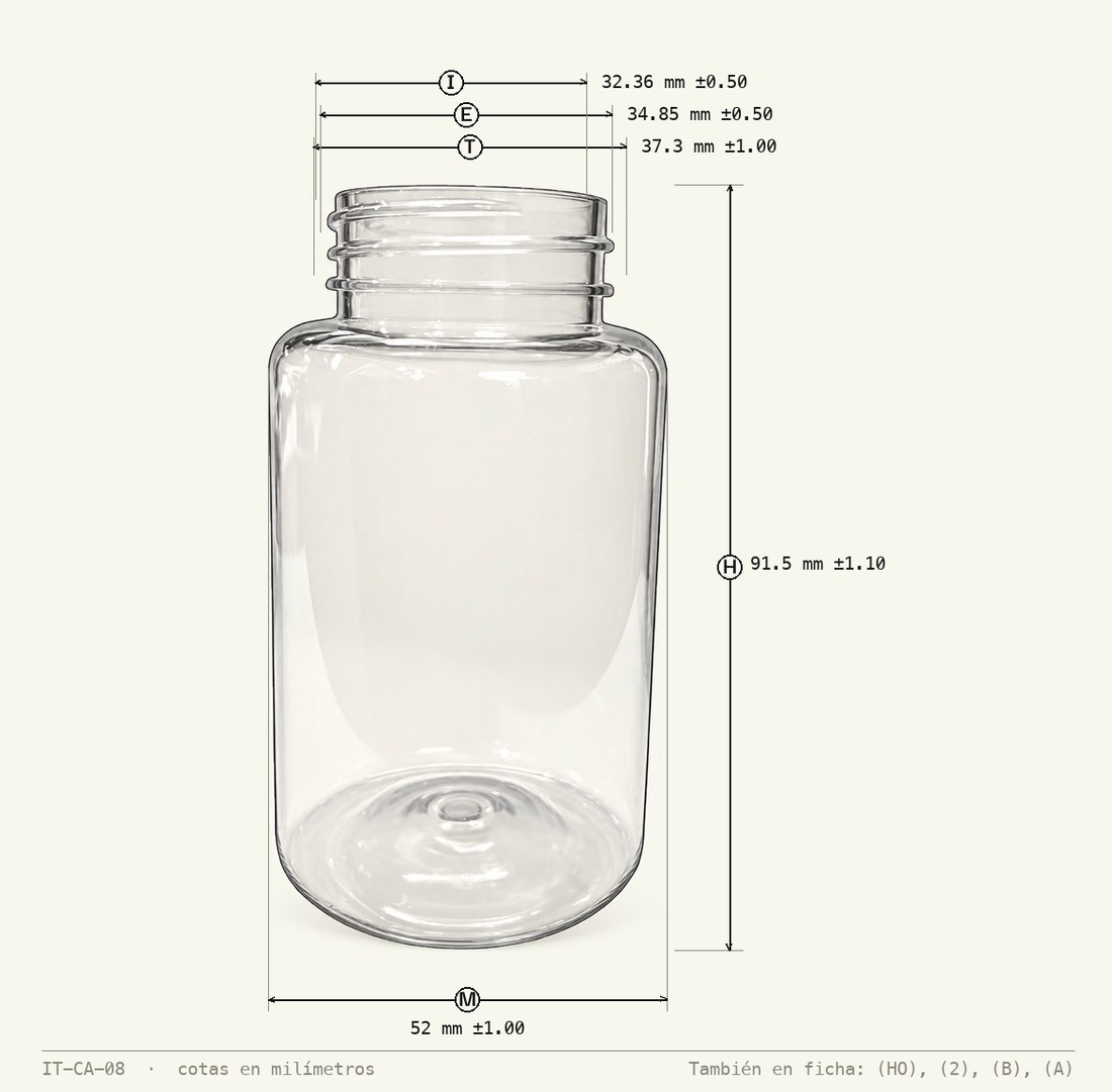 Dimensioned drawing of PET Packer Bottle 150 mL with Support Ring R-38