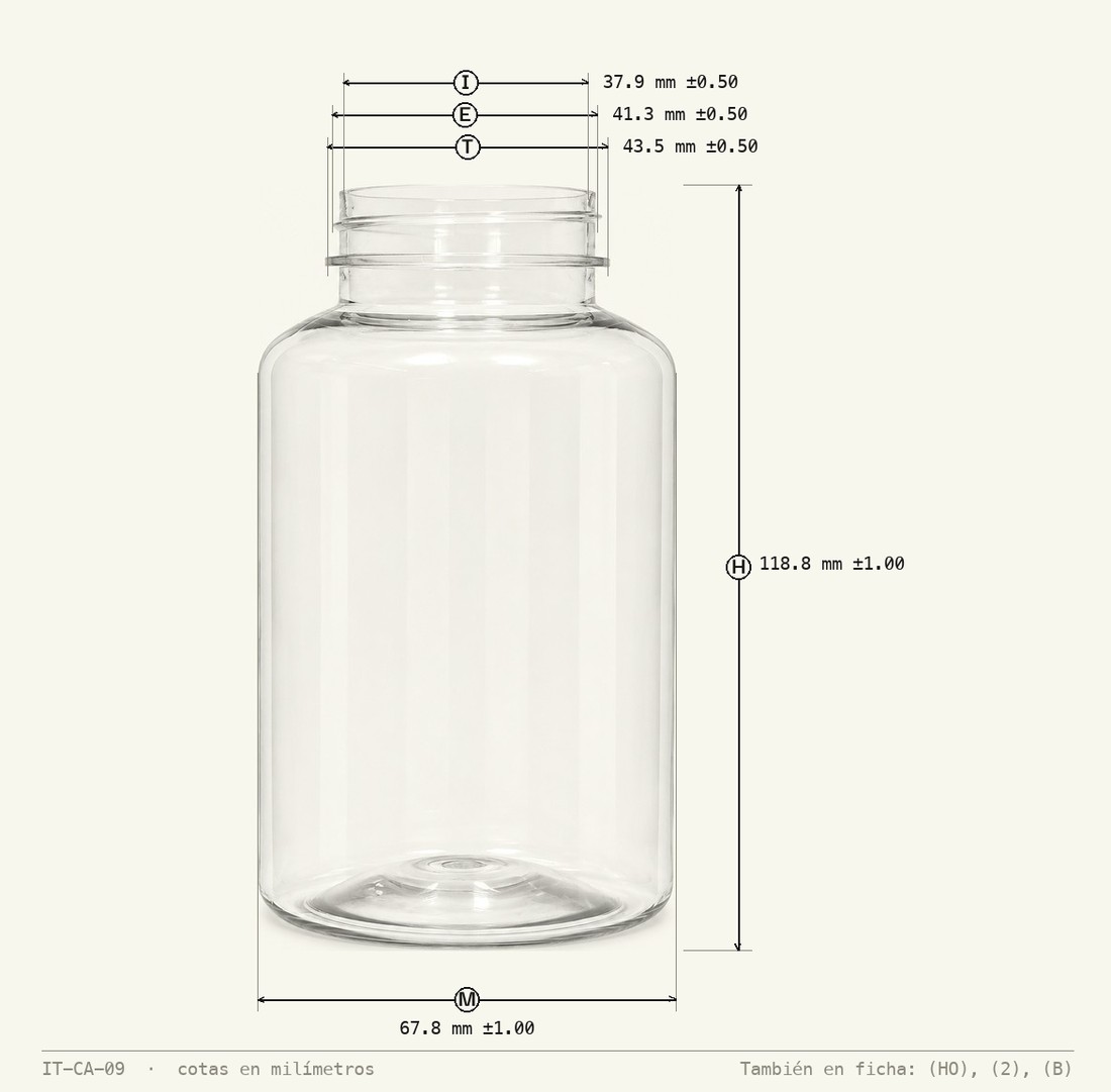 Dimensioned drawing of PET Packer Bottle 300 mL