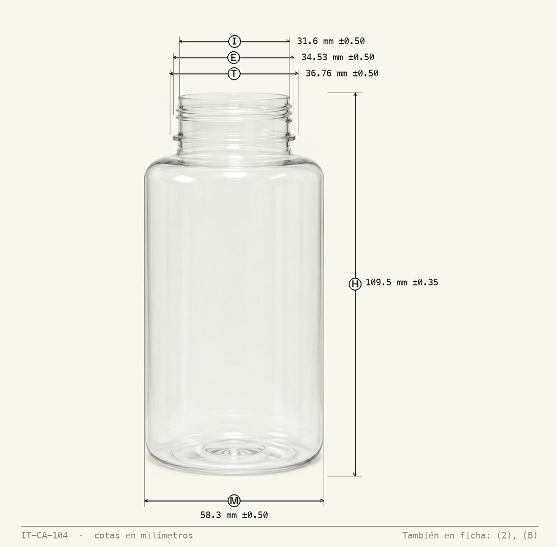 Dimensioned drawing of Packer Bottle 200 mL 23.2g R-38