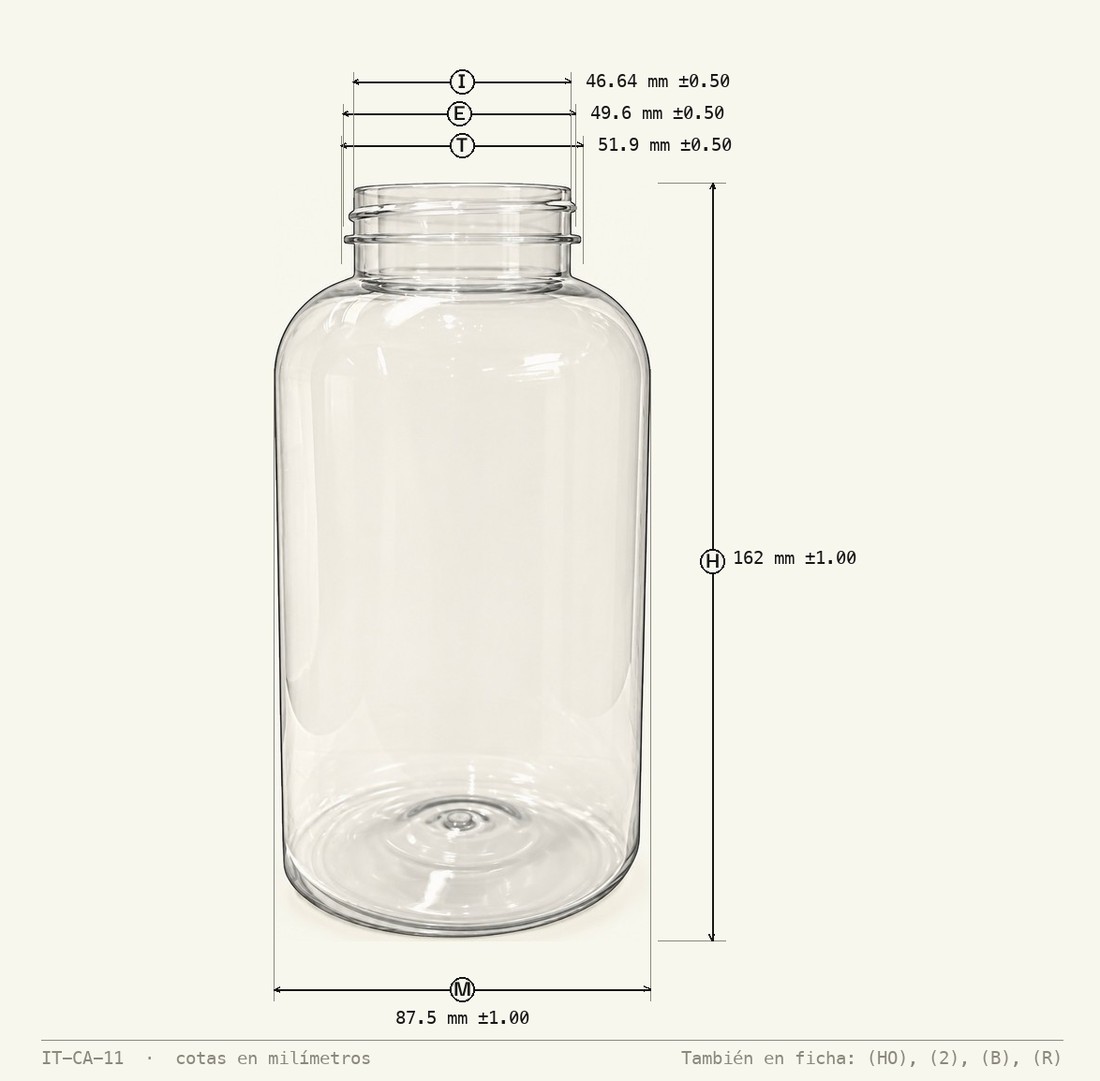 Dimensioned drawing of PET Packer Bottle 750 mL R-53