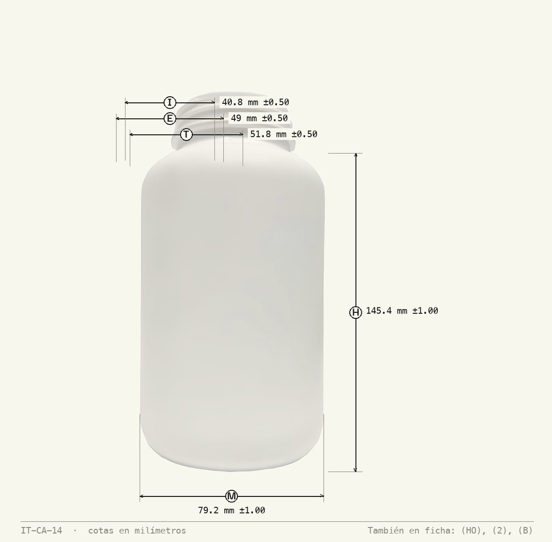 Dimensioned drawing of HDPE Packer Bottle 500 mL 50g R-53