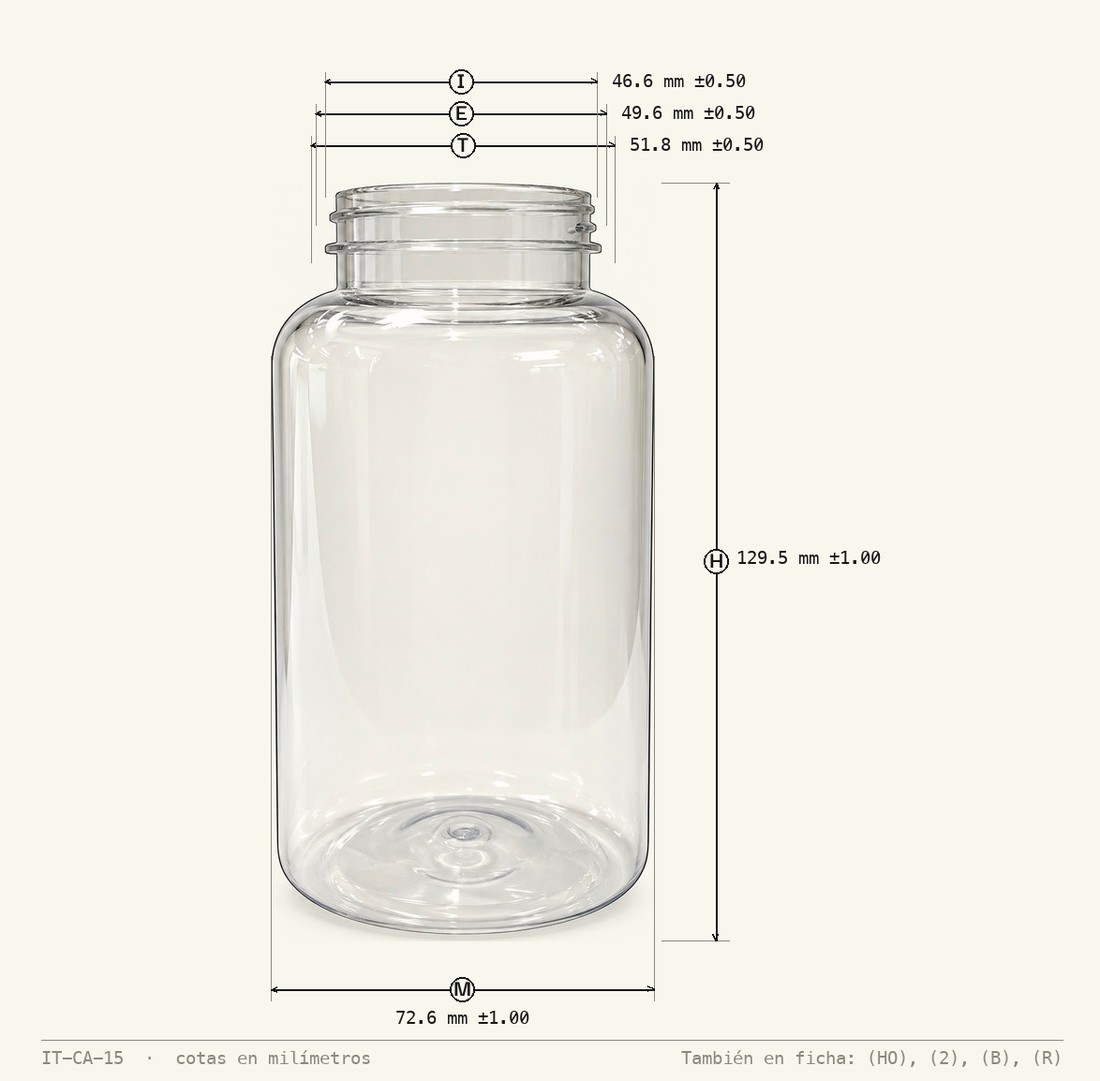 Dimensioned drawing of PET Packer Bottle 400 mL
