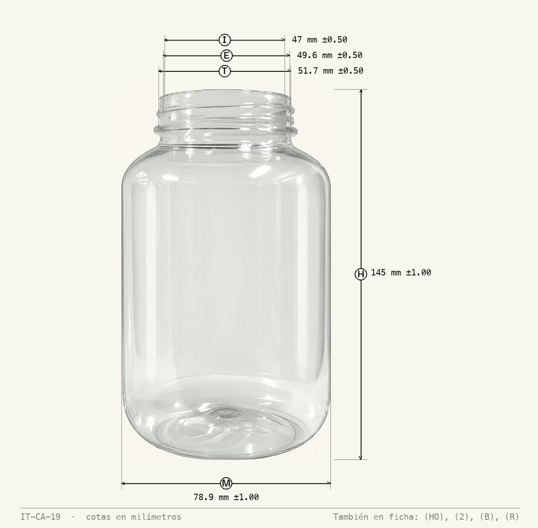 Dimensioned drawing of PET Packer Bottle 500 mL