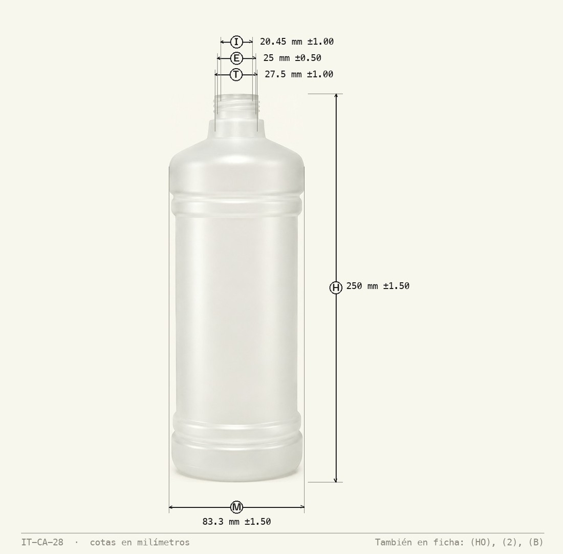 Plano de cotas de Envase Alcoholero 1000 mL R-28