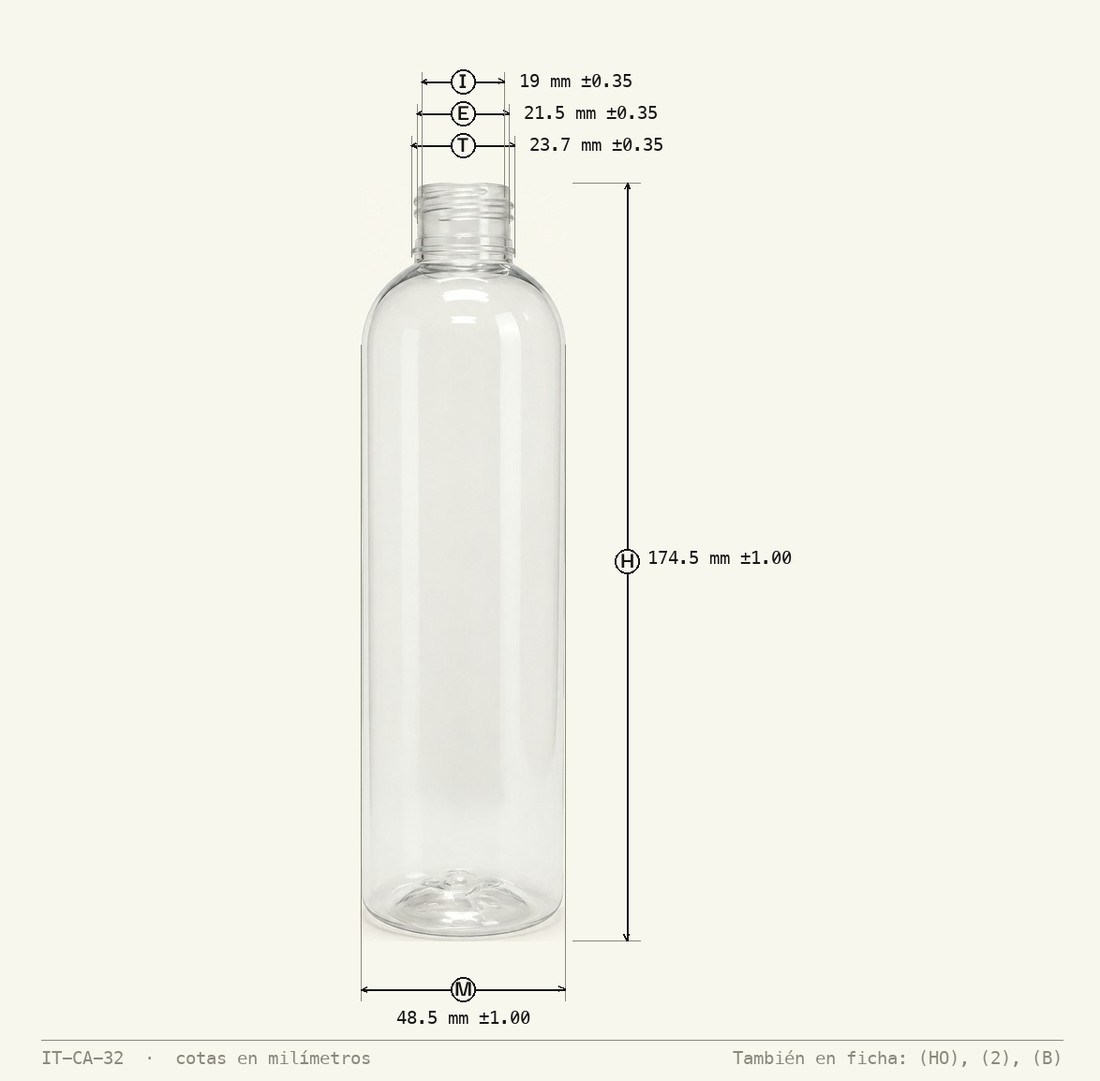 Dimensioned drawing of Jefferson Bottle 250mL R-24