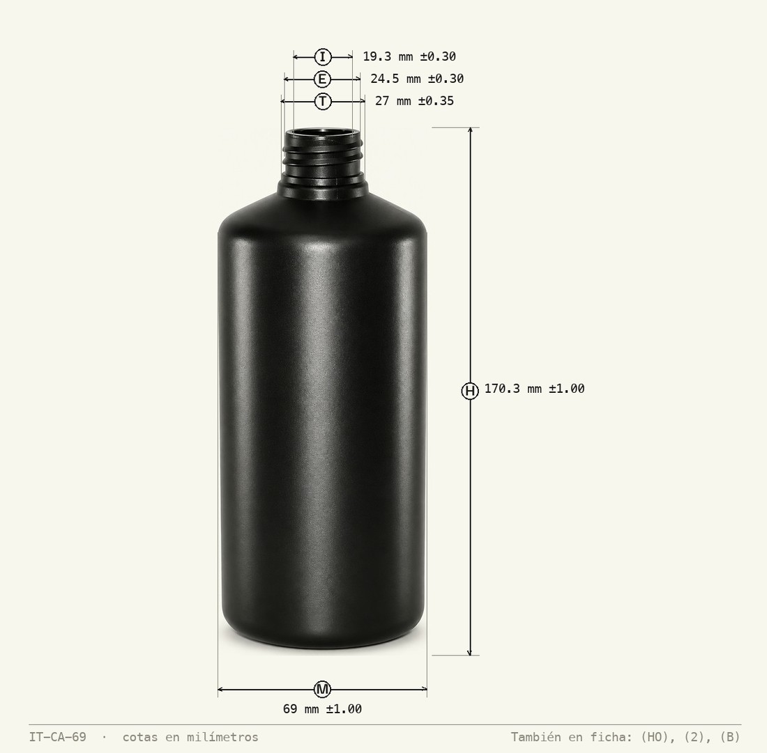 Dimensioned drawing of Shampoo Bottle 500 mL R-28