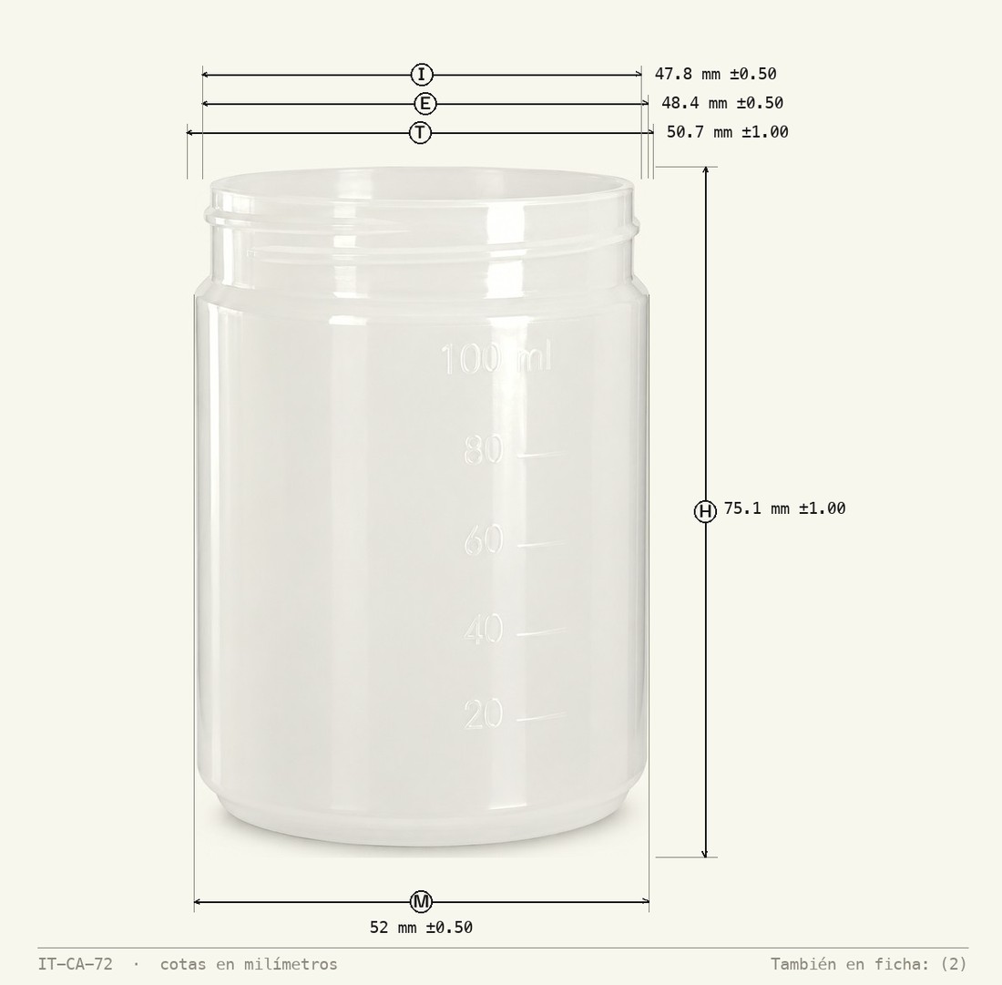 Dimensioned drawing of Jar 100mL R-50